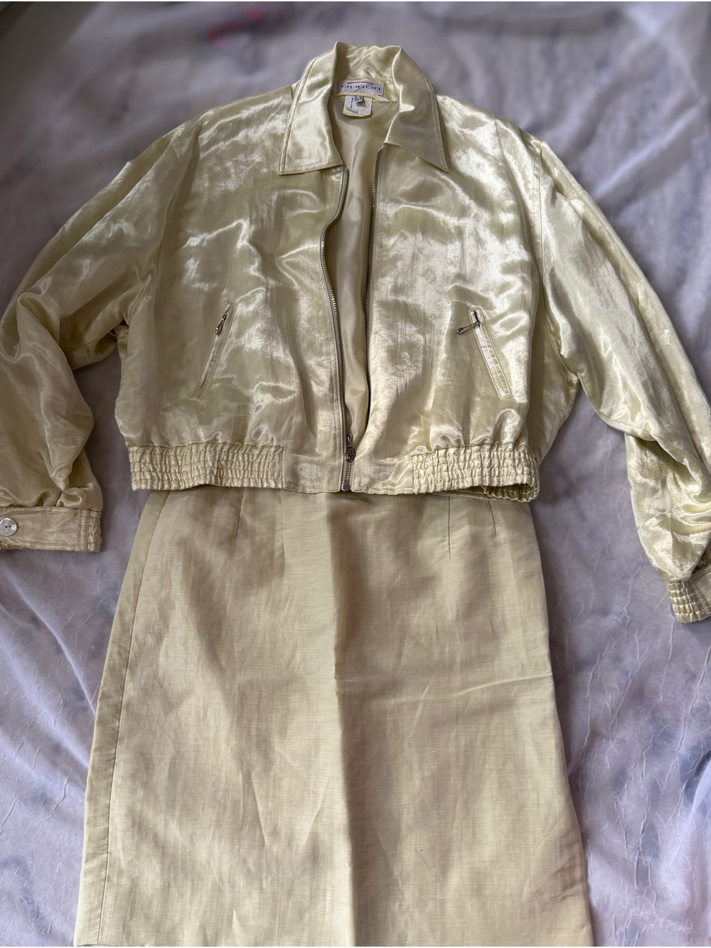 Light Green Satin Bomber Jacket & Pencil Skirt Set. Rare Vintage Find!